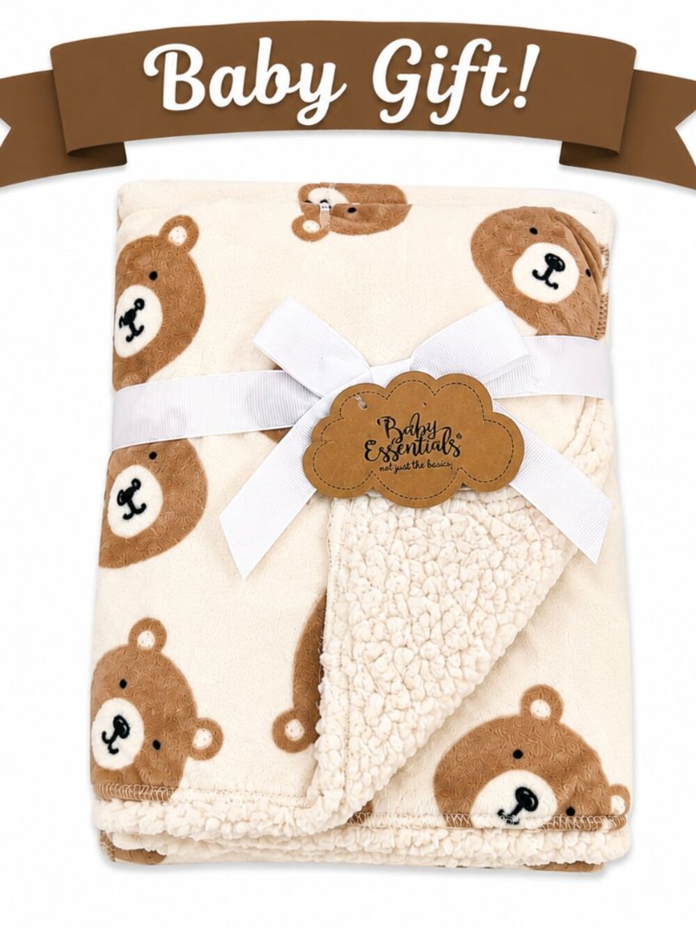 NWT Baby Essentials Sherpa Baby Blanket Teddy Bear Print Baby Shower Gift